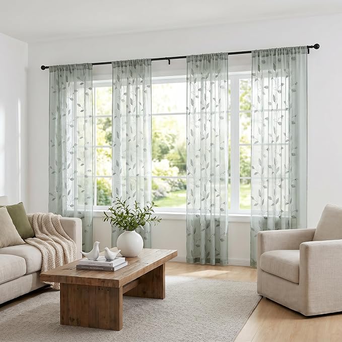 HOMEIDEAS Sage Green Sheer Curtains 52 X 96 Inches Long 2 Panels Embroidered - Image 2