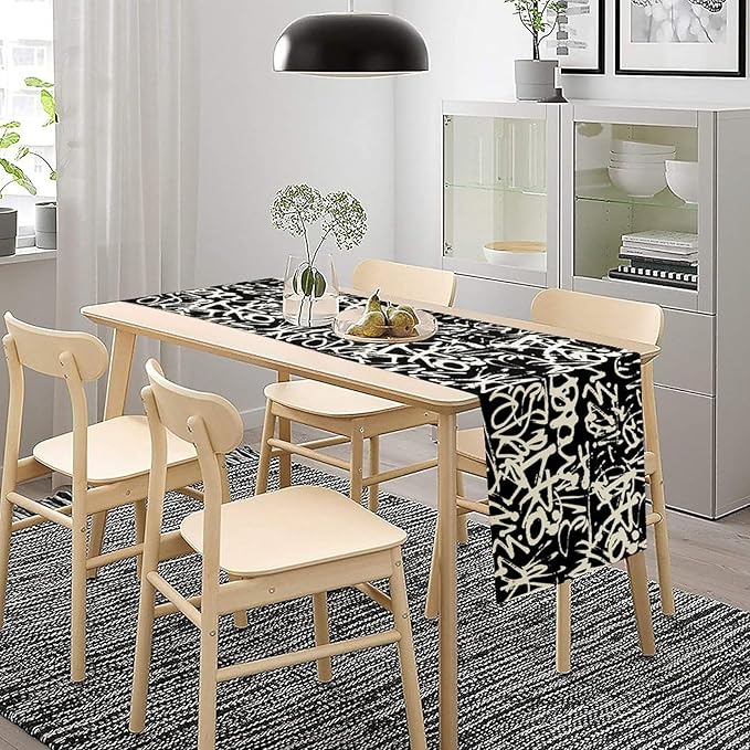 Graffiti Table Runner,Black White Abstract Messy Art Theme Pattern Print Tablecloth Burlap for Hotel Indoors Outdoor Dining Room Kitchen Home Decor,W13X L90 in