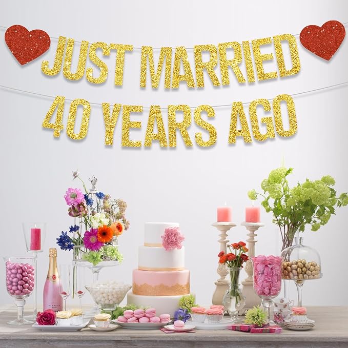 Gold Glitter Just Married 40 Years Ago Banner, NO DIY, Pre-Strung 40th Wedding - Image 6