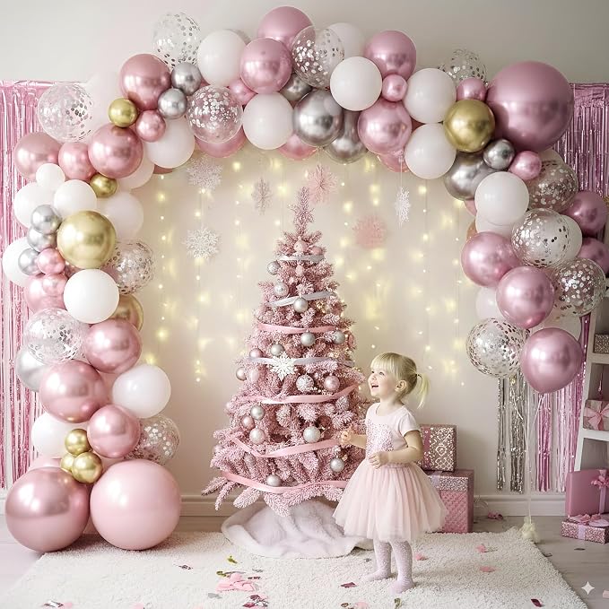 Pink White Winter Wonderland Snowflake Balloons Set, Metallic Light Pink Gold - Image 3