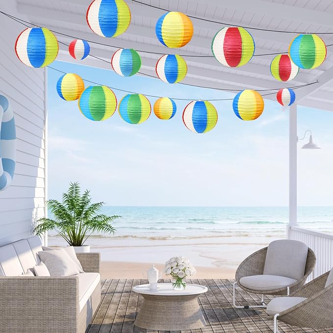 21Pcs Beach Ball Paper Lanterns, 4-10in Multicolor, Summer Luau Pool Decor | - Image 7
