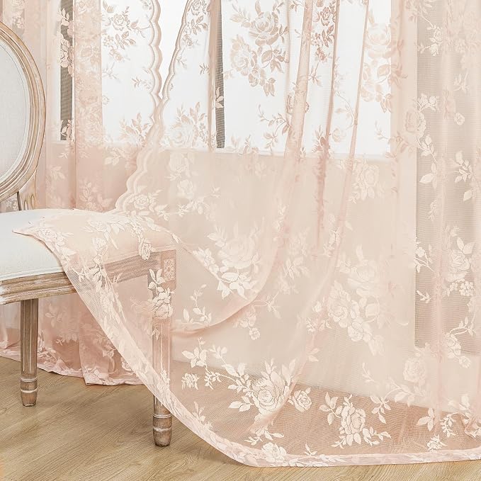 Blush Pink Lace Curtains 108 Inches Long 2 Panels Romantic Floral Sheer Curtains - Image 2