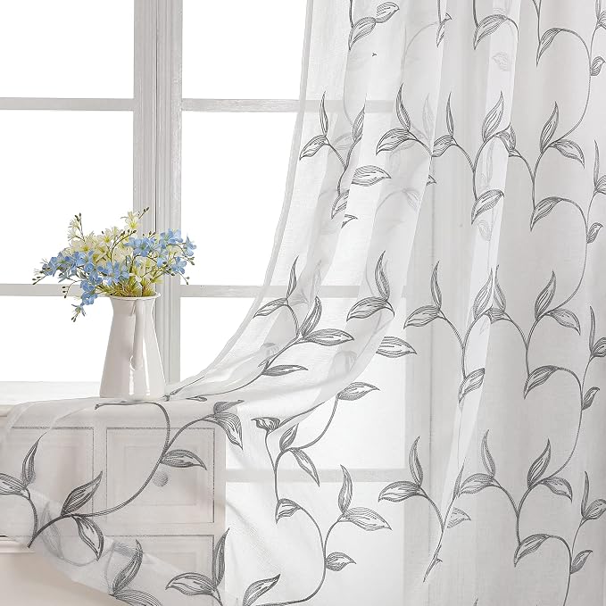 Sheer Curtains Boho Leaf Floral Embroidered Grey 54Wx96L | Light Filtering Semi by VISIONTEX
