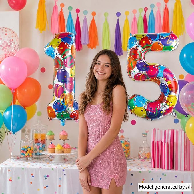 40 Inch Rainbow Balloon Number 15 Balloons, Foil 15th Birthday Party Decor | - Image 2