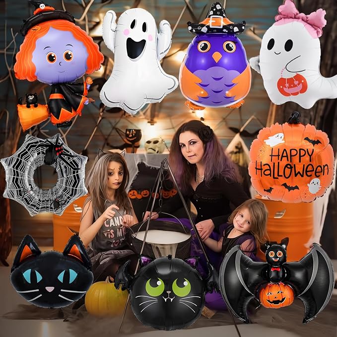 9Pcs Halloween Balloons Decoration Set, Foil Ghost, Spider Web, Pumpkin & Bat - Image 4