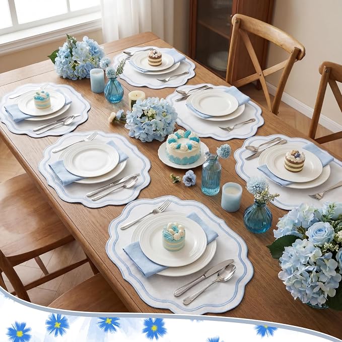 6Pcs Blue Cotton Wedding Placemats Scalloped Embroidered Placemats 17" x 13" - Image 5