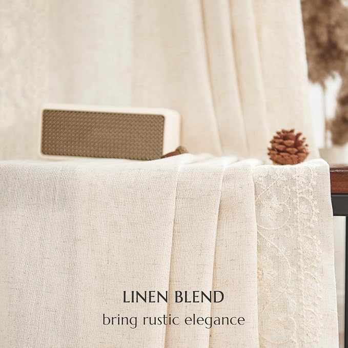 jinchan Floral Linen Curtains Embroidered Back Tab 50x108in 2 Panels Ivory | - Image 9