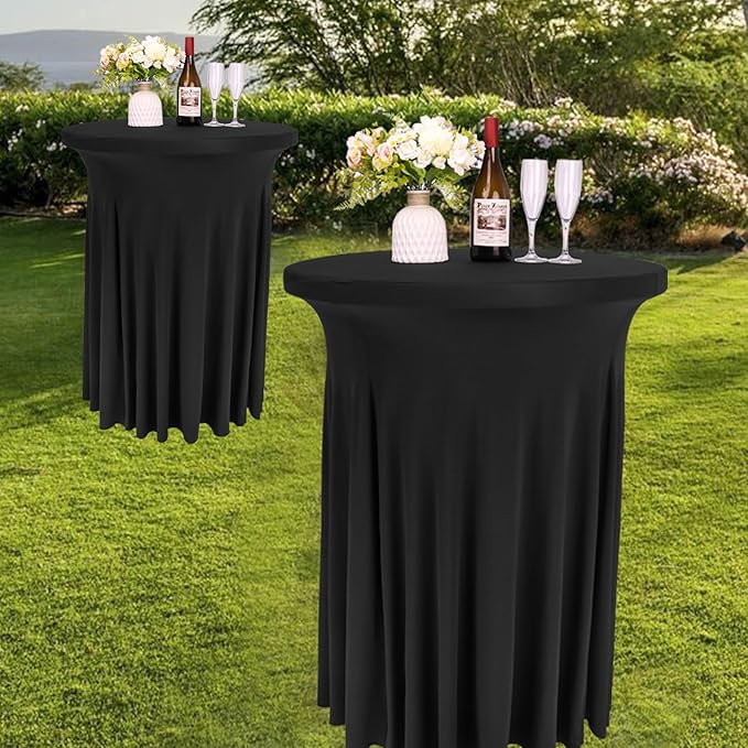 6 Pack Round Cocktail Tablecloth 32"x 43" Spandex Cocktail Table Skirt, Washable Stretch Fitted Table Covers for High Top Bar,Wedding,Party,Events (Black)