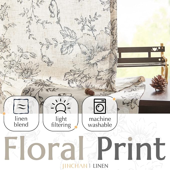 jinchan Black Floral Linen Curtains 84 Inch Farmhouse Back Tab 2 Panels | Light - Image 4
