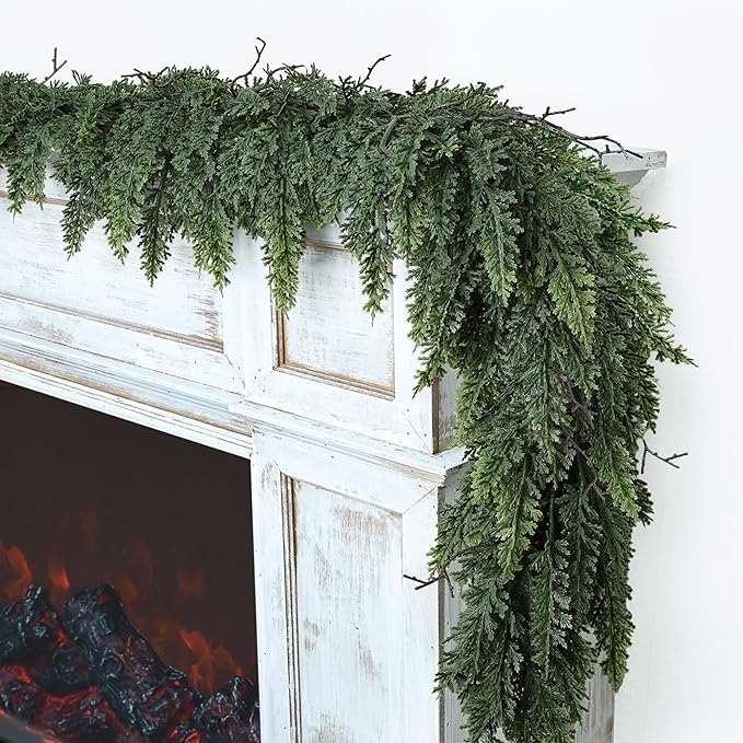 Realistic Christmas Garland for Mantle 9FT Real Touch Thick/Lush Artificial Cedar Garlands Christmas Decorations Indoor Christmas Garland for Stairs Railing Outdoor Table Xmas Holiday Decor Greenery