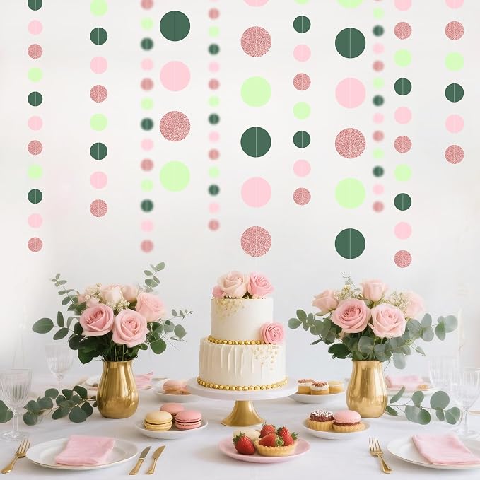 5PCS Sage Green Paper Garland, 72ft Sage Green Pink Polka Dots Circle Ceiling - Image 4