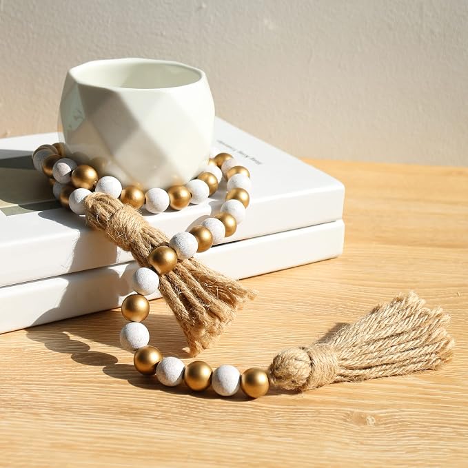 Meplait Wood Bead Garland, 39in Decorative Tassels Garland, Rustic Farmhouse - Image 2