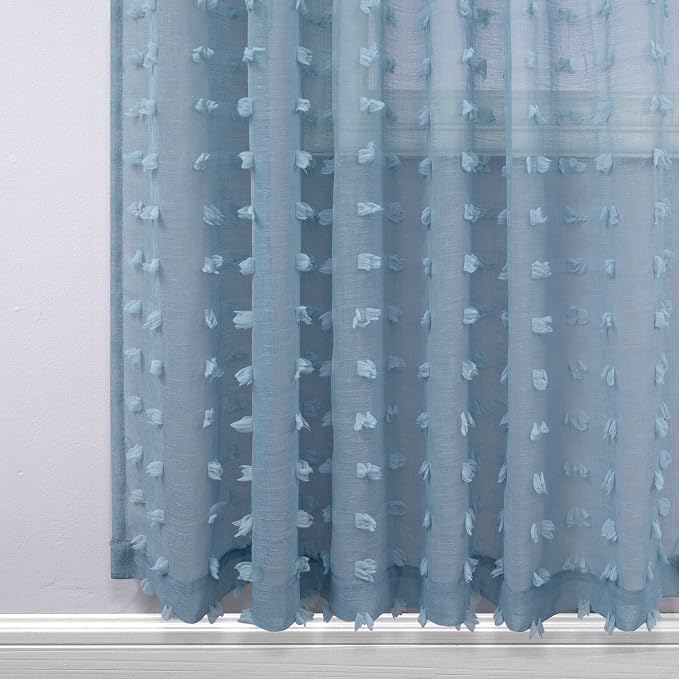 KOUFALL Grey Blue Curtains for Baby Nursery, Boho Pom Pom Light Filtering Sheer - Image 6