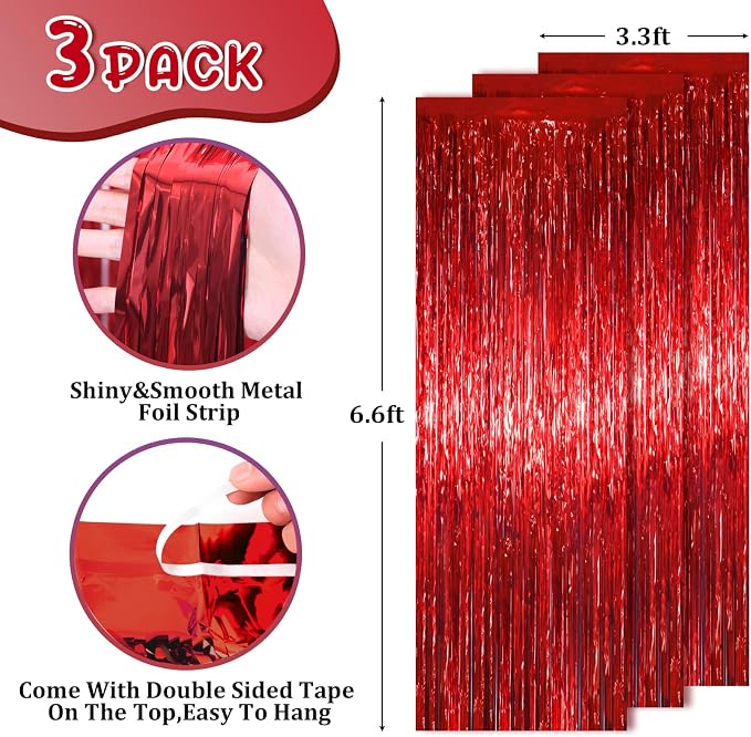 Voircoloria Red Foil Fringe Backdrop Curtains, 3.3 x 6.6 ft, Birthday Party - Image 3