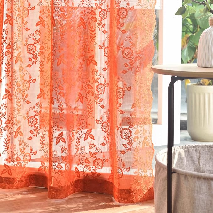 Burnt Orange Sheer Kitchen Curtains Leaf Floral W42 x L45 Inch 2 Panels | Rod - Image 5