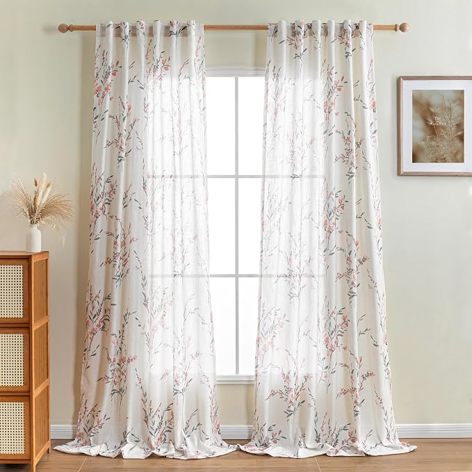 MYSKY HOME 95 Inch Coral Curtains Semi Sheer Linen Blended Window Curtain Panels - Image 2