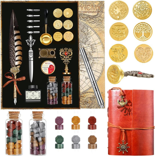 Feather Pen Pheasant Quill Pen and Ink Set,Caligraphy Kits for Beginners, Feather Pen and Ink Set With Leather Journal Notebook,Wax Seal Kit,7 Wax Seal Stamp Heads,Calligraphy Pens for Gift