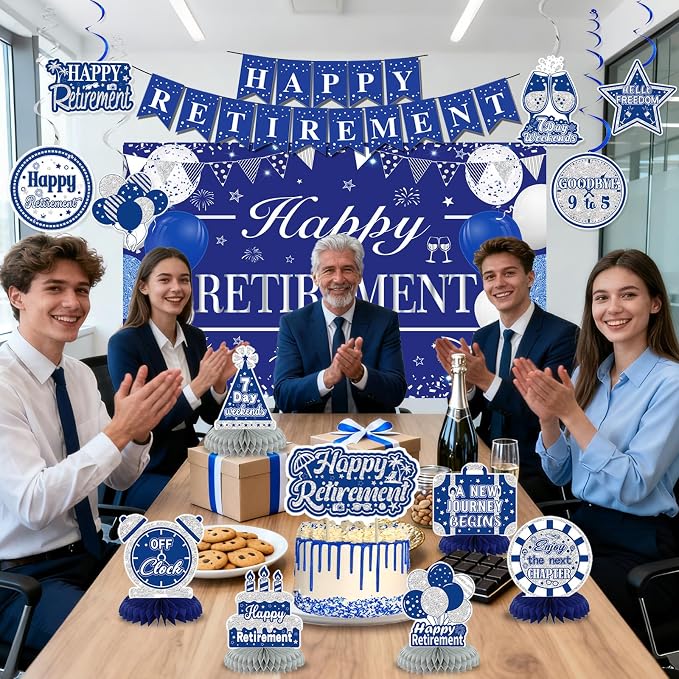 Retirement Party Decorations for Men Women Blue Silver Happy Retirement Banner - Image 5