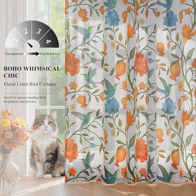 90 Inch Boho Floral Curtains Tropical Bird Print Linen Semi Sheer Window Drapes - Image 2