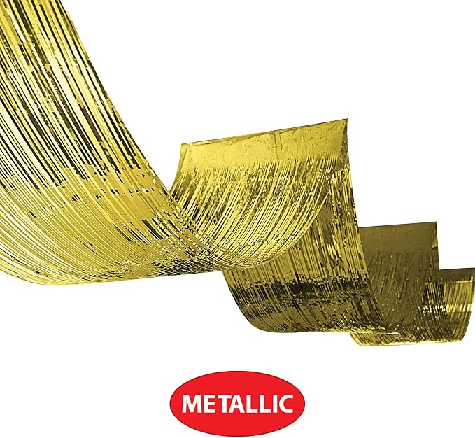 Beistle 2 Piece Gold Metallic Plastic Fringed Ceiling Curtains, 19.5” x 16’ - Image 3