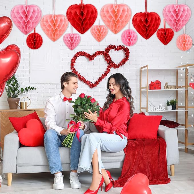 BOARDFEB 12PCS Valentine's Day Decorations, Heart Honeycomb Balls Hanging | Pink - Image 4