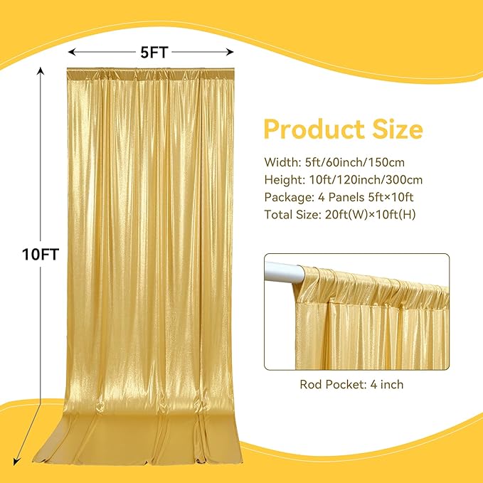 20ft x 10 ft Glitter Gold Backdrop Curtain for Parties, Wrinkle Free Non-See Through Not Fall-Off Sequin Gold Shimmer Photo Backdrop Drapes for Graduation Photography Background Cloth-4 Panels 5x10ft