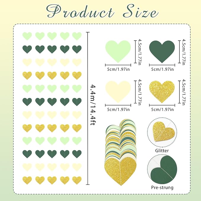 5PCS Sage Green Heart Garland, 72ft Sage Green Gold Heart Ceiling Decorations - Image 2