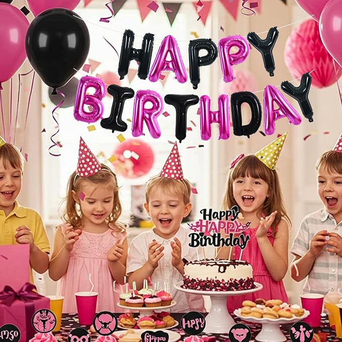 TONIFUL Black Hot Pink Happy Birthday Balloon Banner Decor - Image 4