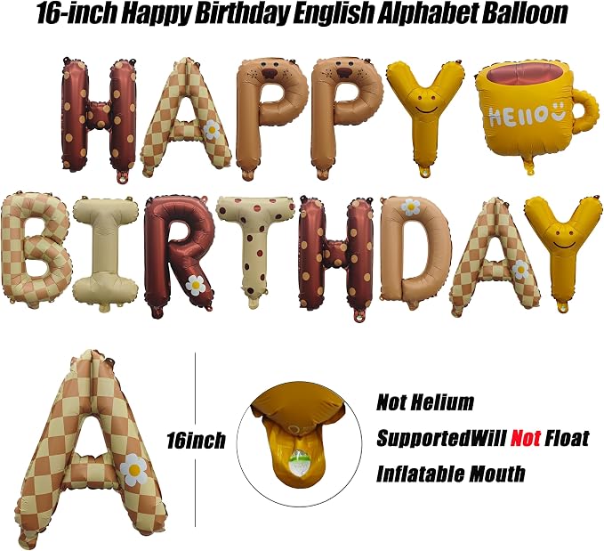 16IN HB Plaid Bear Birthday Foil Balloon banner Set | "HELLO" Coffee Cup Foil - Image 2