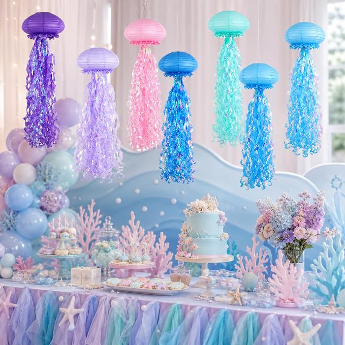 6-Pack Jellyfish Paper Lanterns, Under the Sea Party Decorations | 10-Inch Blue - Image 3
