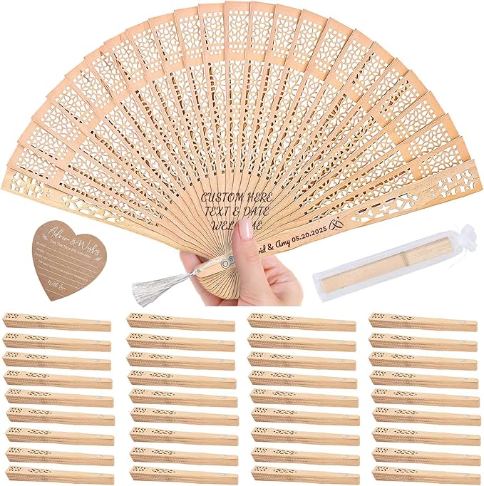 100pcs Personalized Wedding Fans for Guests - Custom Wooden Hand Fans with Names/Dates - Bulk Wedding Favors for Bridal Shower, Baby Shower & Parties (Wood, 100pcs)