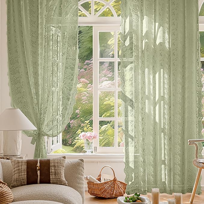Anmao Vintage Lace Curtains 54 Inches Long 2 Panels Set, Romantic Elegant Light - Image 2