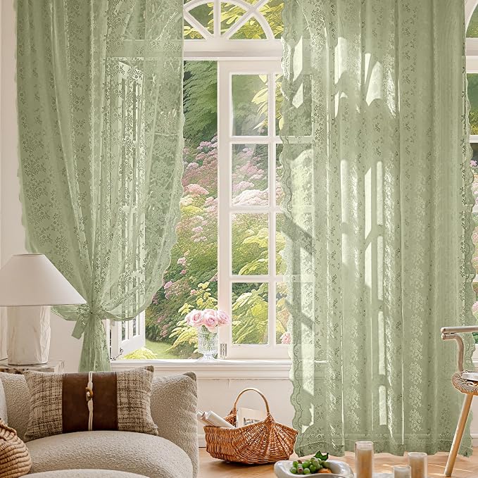 Anmao Vintage Lace Curtains 84 Inches Long 2 Panels Set, Romantic Elegant Light - Image 2
