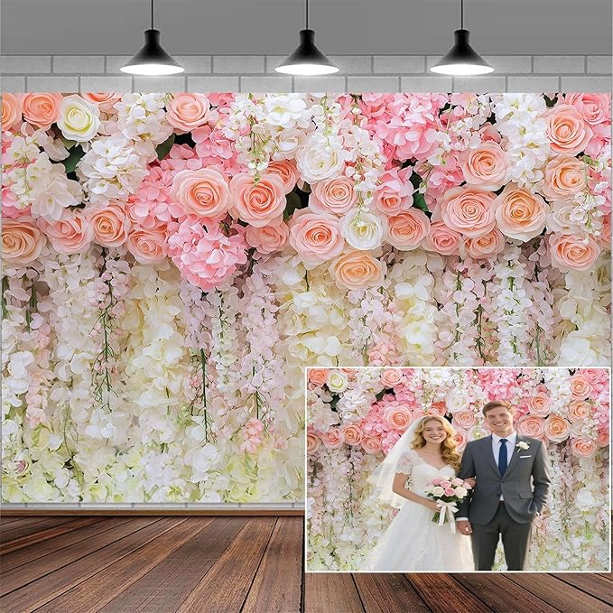 5x3ft Pink Rose Flower Wedding Photography Backdrop Spring Floral Photography Backdrop Valentine's Day Mother's Day Girl Birthday Baby Shower Wedding Bridal Party Banner Photo Booth Props Background