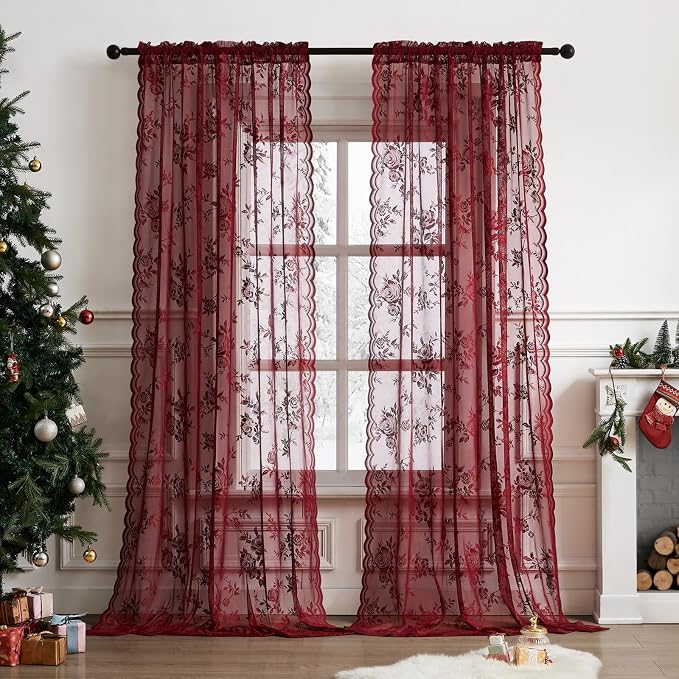 Burgundy Lace Curtains 54 Inch Length 2 Panels Romantic Floral Curtains - Image 2