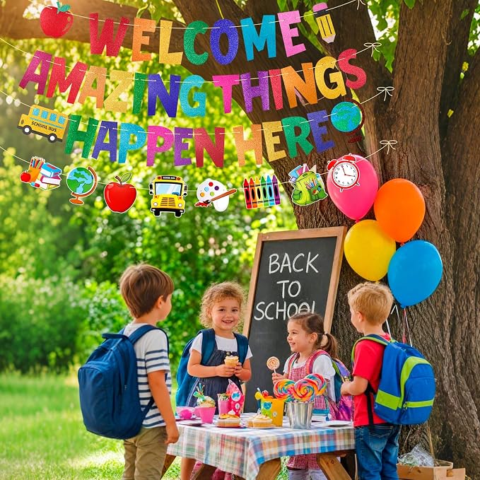 HOWAF Glitter Welcome Amazing Things Happen Here Banner, Back to School Garland - Image 7