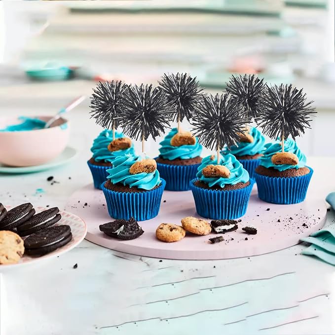 40 PCS Black Foil Firework Cupcake Toppers Sparkle Tinsel Cupcakae Picks - Image 7