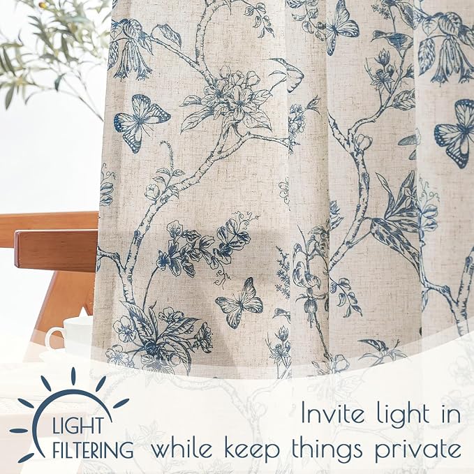 Blue Floral Linen Lined Curtains Rod Pocket 50W X 63L 2 Panels | Charlotte - Image 4