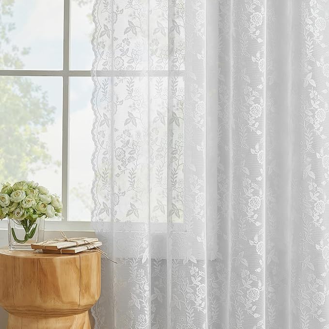 FINECITY Short White Lace Curtains Rustic Leaf Floral W42xL36 Inch 2 Panels | - Image 5
