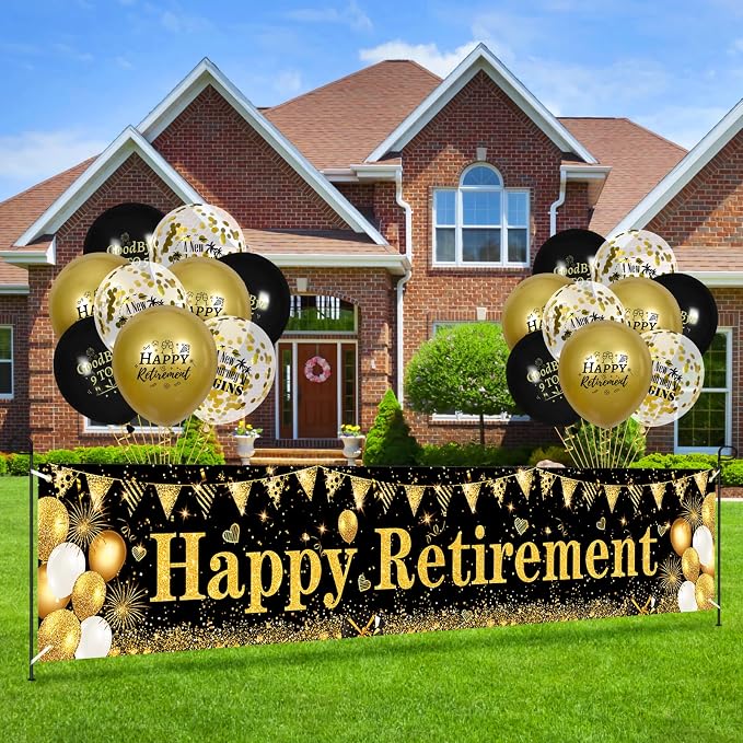Retirement Party Decorations Black Gold Happy Retirement Banner and 18pcs - Image 5