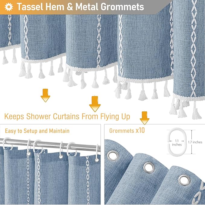60 x 84 Boho Farmhouse Linen Heavy Duty Cloth Shower Curtain Set, 330GSM Linen - Image 5