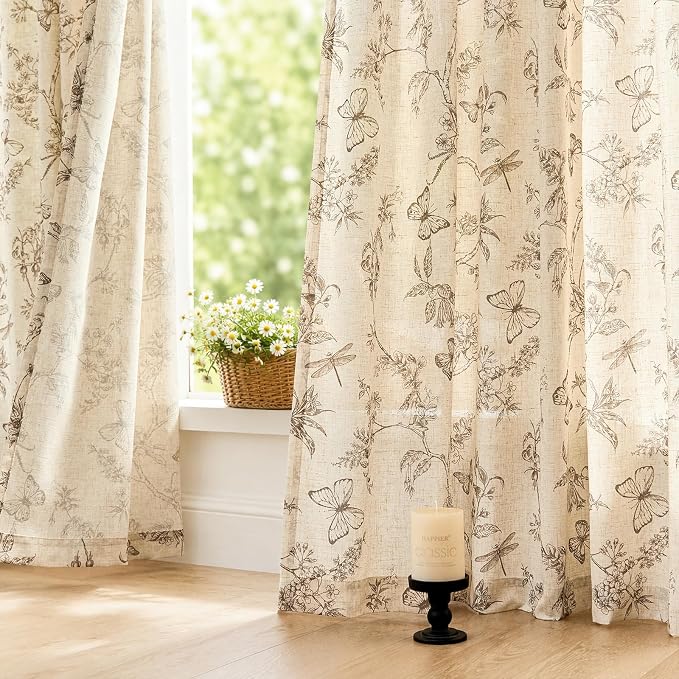 Taupe Floral Linen Curtains Farmhouse Rod Pocket 50W X 96L 2 Panels | Charlotte - Image 5