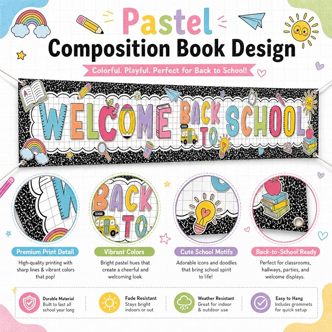 Lounsweer Welcome Back to School Banner Pastel Composition Book Banner Yard Sign - Image 2