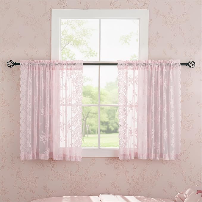 Kotile Short Pink Lace Curtains Rustic Floral W42 x L45 Inch, 2 Panels | Rod - Image 4