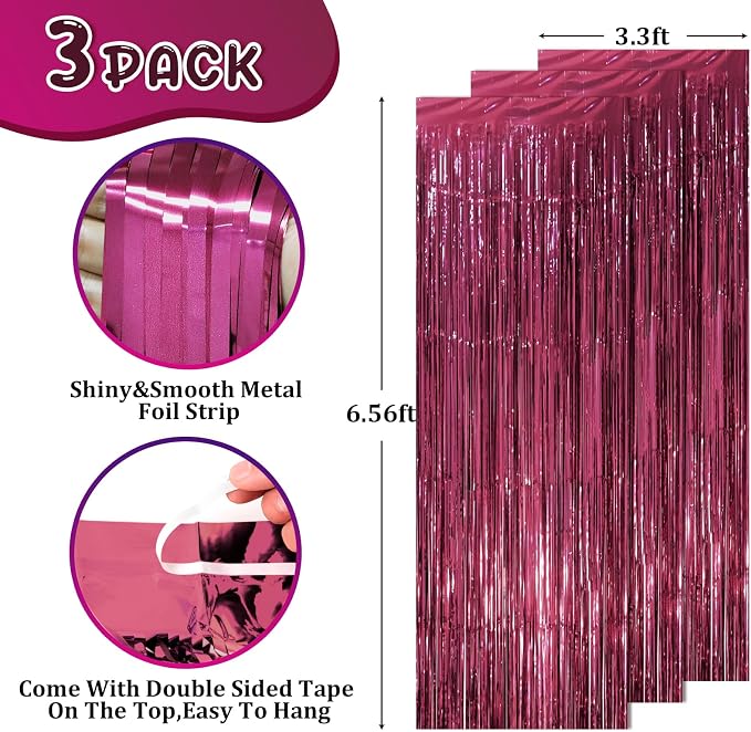 Voircoloria Burgundy Foil Fringe Backdrop Curtains, 3 Pack | Tinsel Streamers - Image 2
