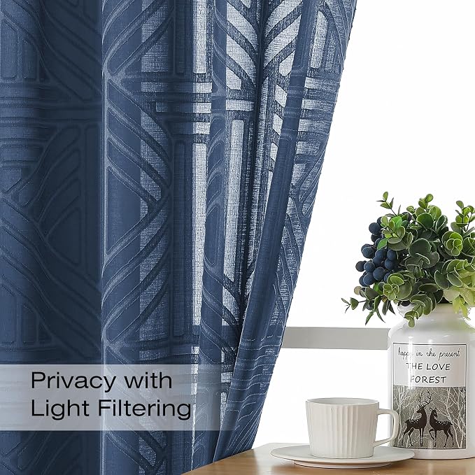 Simplebrand Navy Blue Semi Sheer Curtains 63 Inch Length 2 Panels, Light - Image 2