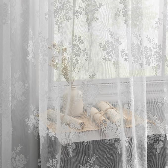 Kotile White Lace Kitchen Curtains Rustic Floral W42 x L45 Inch, 2 Panels | Rod - Image 6