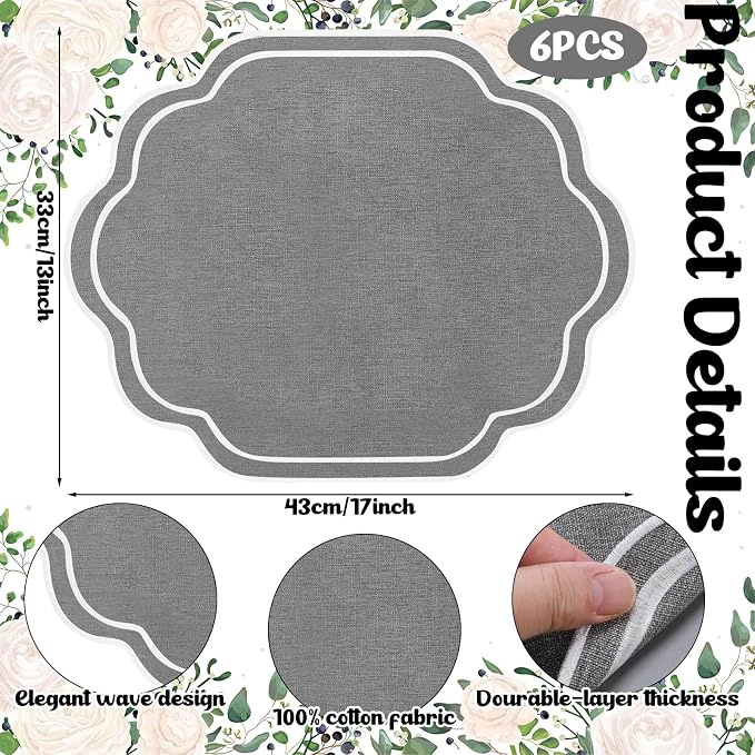 6 Pcs Gray Wedding Placemats Scalloped Embroidered Cotton Linen Placemats 17" x - Image 2