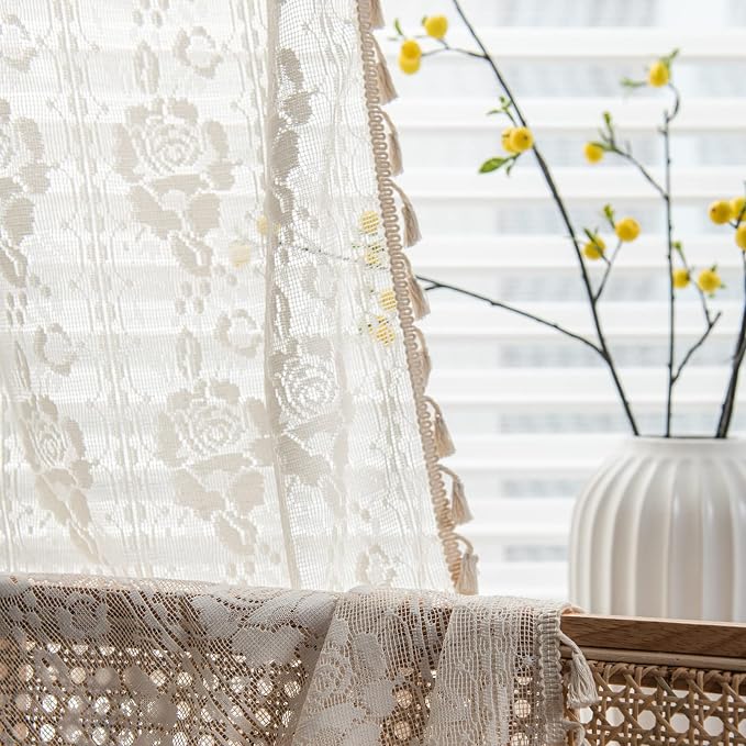 Sutuo Home Crochet Boho Curtains Rose Florals Embroidery, Sheer Lace Handmade - Image 8