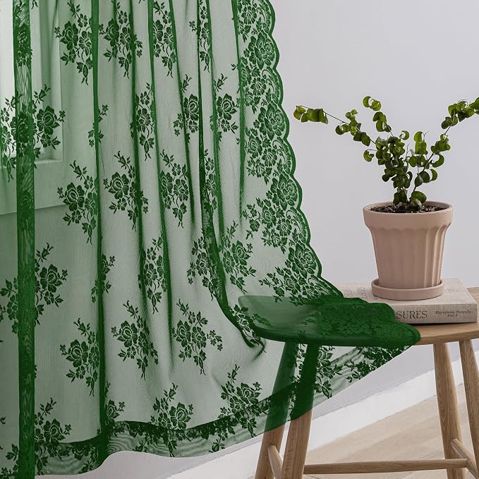 Emerald Green Lace Curtains for Kitchen Windows W42 x L36 Inch, 2 Panels | Rod - Image 6